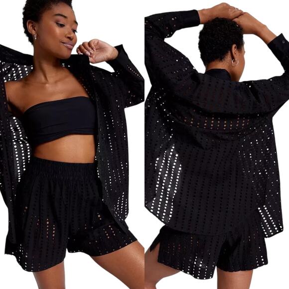 CALIA Oversized Perforated Long Sleeve Button Down Cover Up Black Size Large - Picture 1 of 7